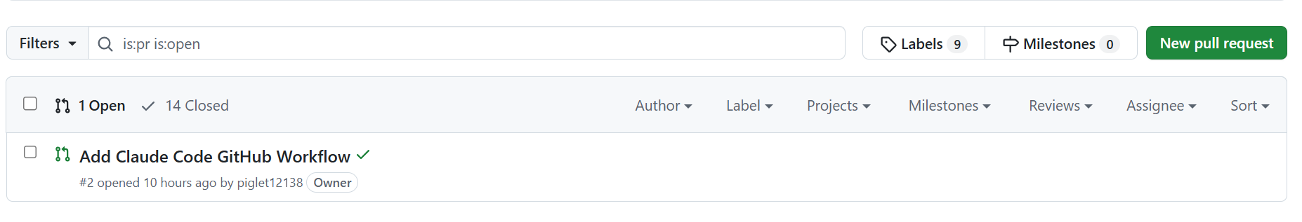 GitHub PR 列表截图显示 1 Open + 14 Closed。已合并 PR 包括 Add Claude Code GitHub Workflow 等工作流改动以及 6 个 UX 改进 + 几个 bug 修复。